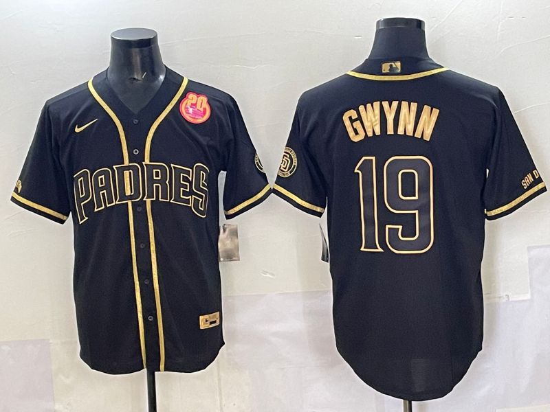 Men 2025 San Diego Padres 19 Gwynn Black Gold Throwback Nike MLB Jersey style 07